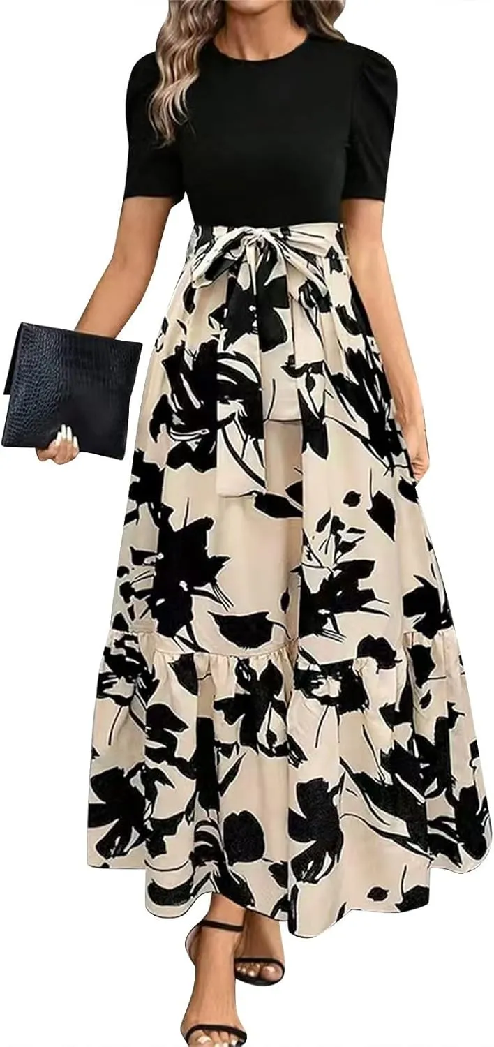 Summer Dresses for Women Puff Sleeve Maxi Dress Casual Flowy Floral Short Sleeve Sundress with Belt