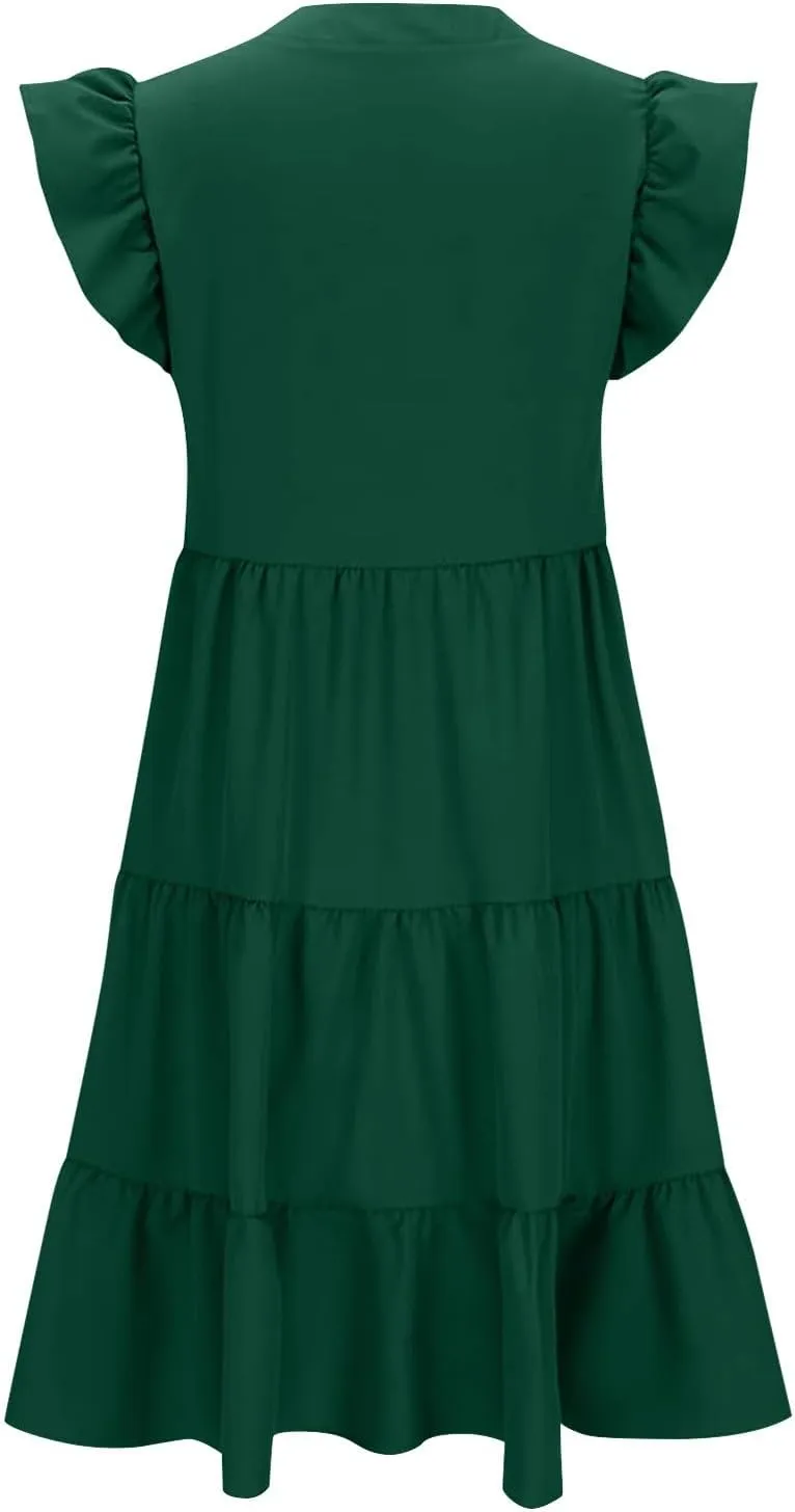Summer Dresses for Women Trendy V Neck Short Sleeve Ruffle Tiered Flowy Dress Classy Casual Beach Dresses with Pocket