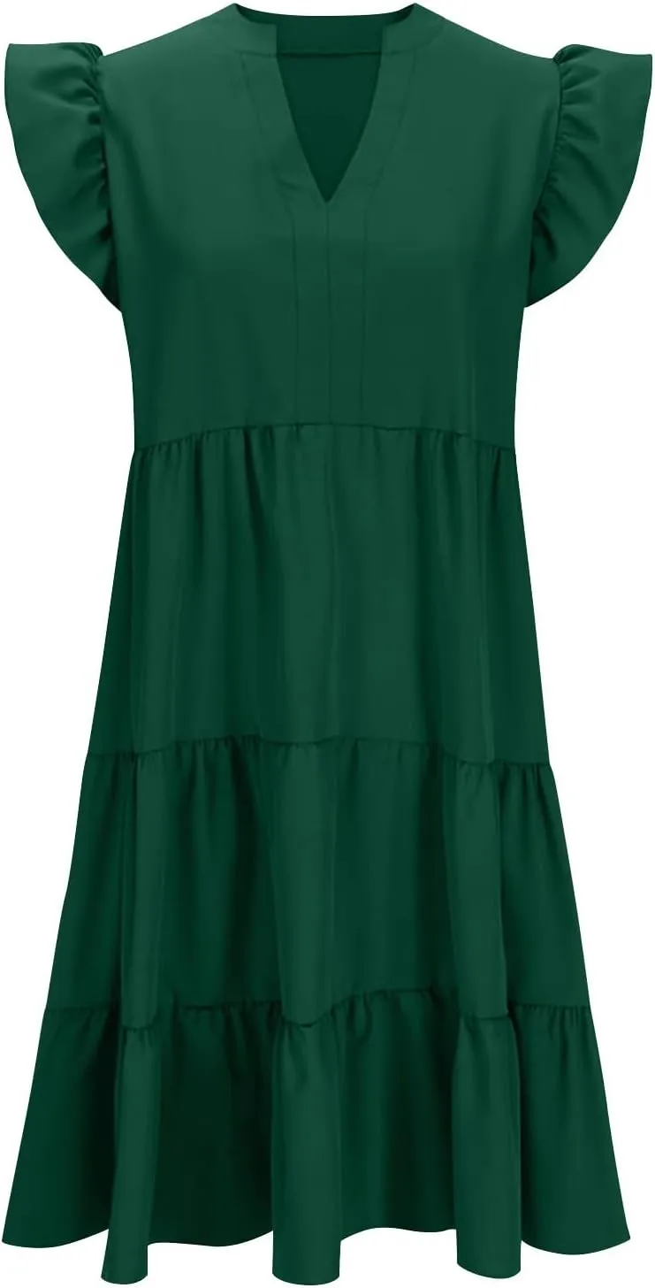 Summer Dresses for Women Trendy V Neck Short Sleeve Ruffle Tiered Flowy Dress Classy Casual Beach Dresses with Pocket