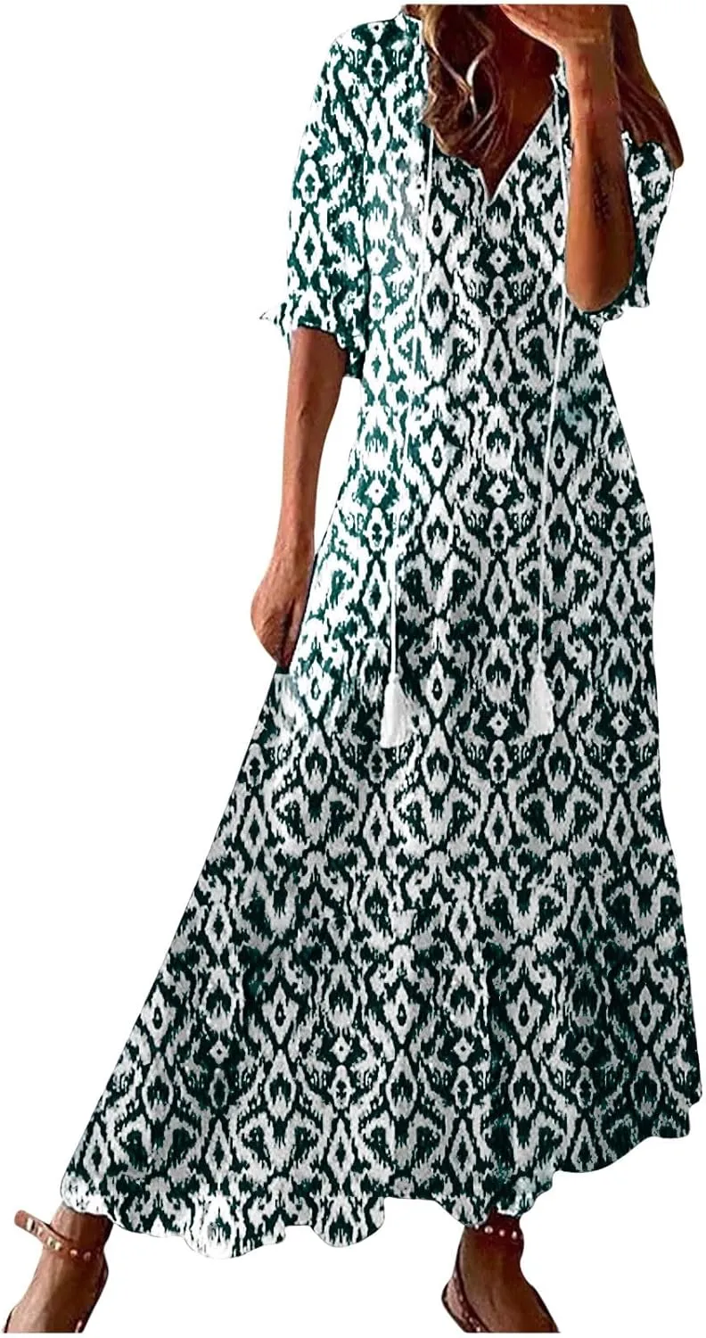 Summer Long Boho Dresses for Women 2025 Flowy Half Sleeve V Neck Maxi Dress Casual Beach Vacation Outfits Sundress