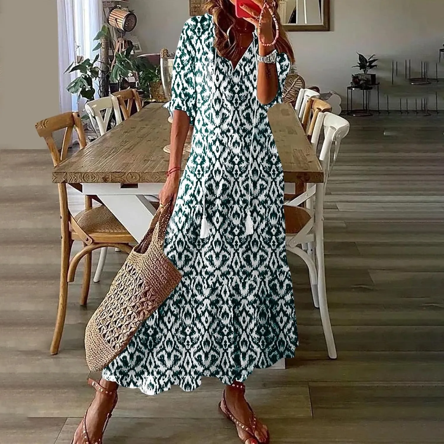 Summer Long Boho Dresses for Women 2025 Flowy Half Sleeve V Neck Maxi Dress Casual Beach Vacation Outfits Sundress
