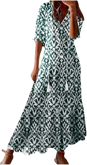 Summer Long Boho Dresses for Women 2025 Flowy Half Sleeve V Neck Maxi Dress Casual Beach Vacation Outfits Sundress