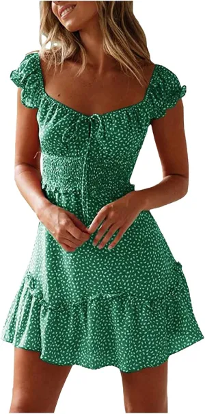 Sundress for Women Fashion Summer Casual Sweetheart Neckline Puff Sleeve Floral High Waist Boho Beach Mini Dress