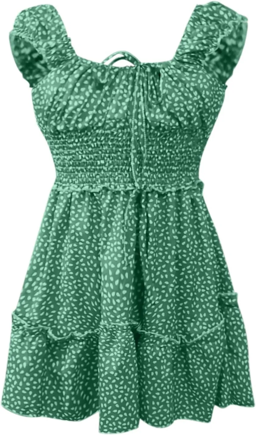 Sundress for Women Fashion Summer Casual Sweetheart Neckline Puff Sleeve Floral High Waist Boho Beach Mini Dress