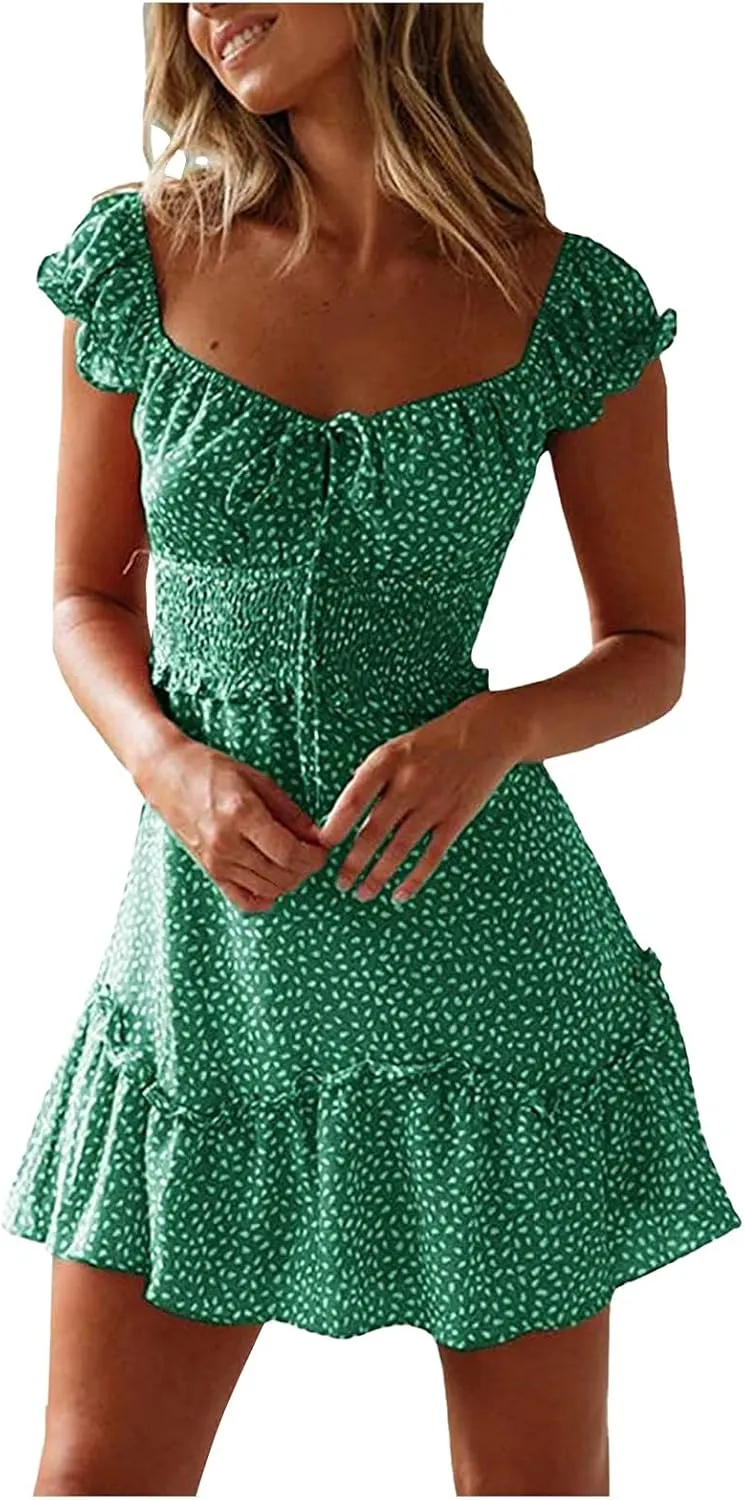 Sundress for Women Fashion Summer Casual Sweetheart Neckline Puff Sleeve Floral High Waist Boho Beach Mini Dress