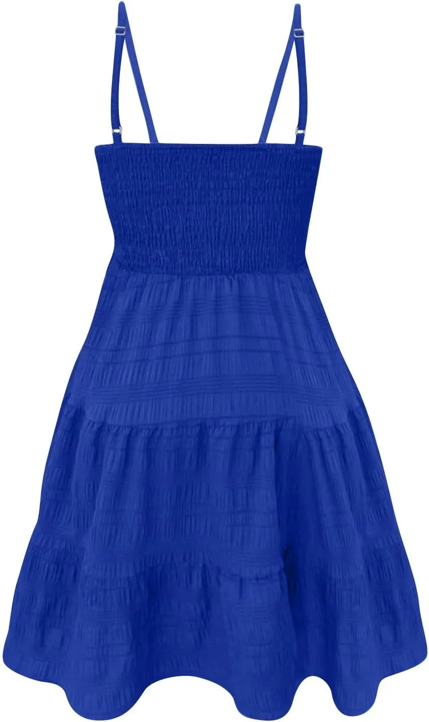 Sundresses for Women Smocked Spaghetti Strap Square Neck Mini Babydoll Dress Casual Summer Flowy Tiered Ruffle Dress