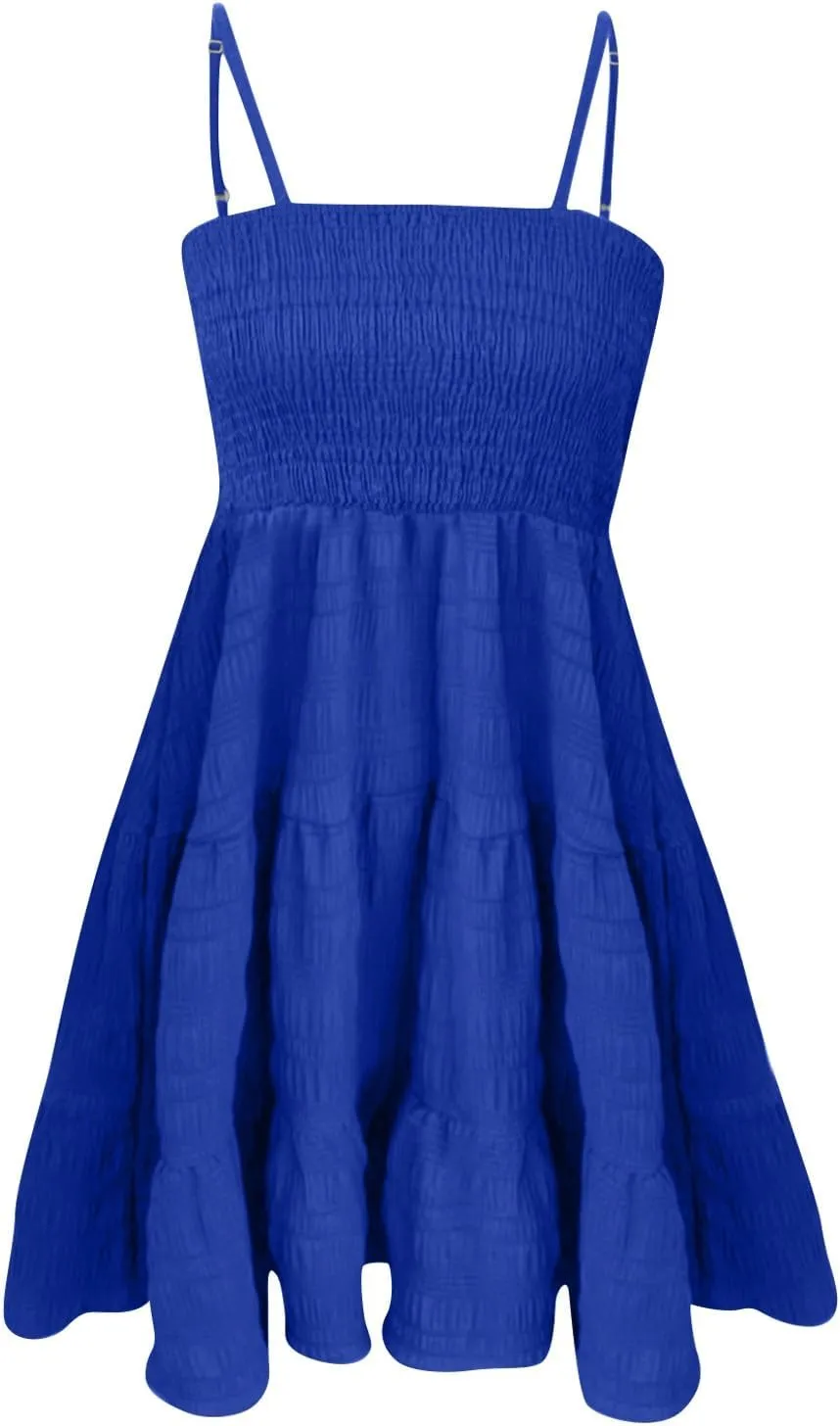 Sundresses for Women Smocked Spaghetti Strap Square Neck Mini Babydoll Dress Casual Summer Flowy Tiered Ruffle Dress