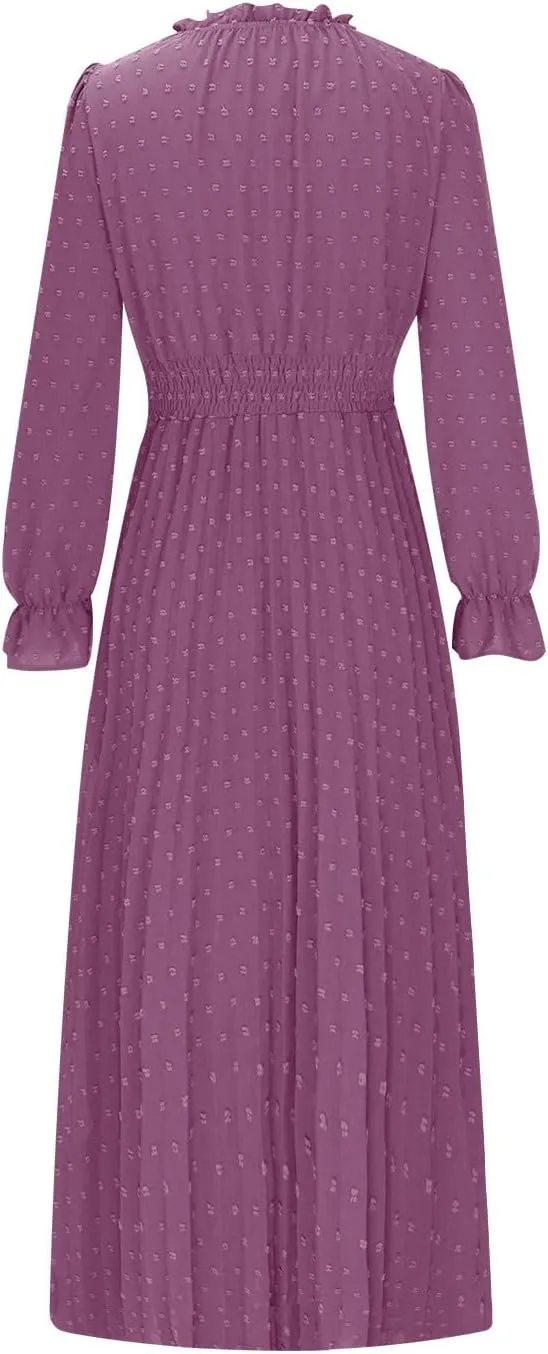 Swiss Dots Pleated A-Line Dress Womens Lantern Long Sleeve High Waist Dress Frill Trim Lace-Up V Neck Midi Dresses