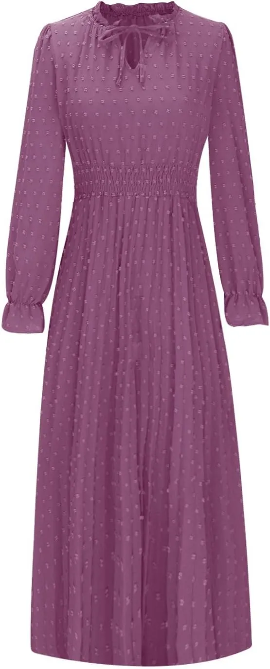 Swiss Dots Pleated A-Line Dress Womens Lantern Long Sleeve High Waist Dress Frill Trim Lace-Up V Neck Midi Dresses
