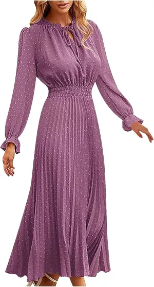 Swiss Dots Pleated A-Line Dress Womens Lantern Long Sleeve High Waist Dress Frill Trim Lace-Up V Neck Midi Dresses