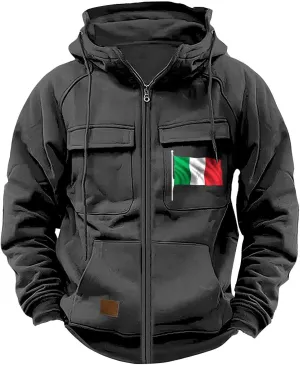 Tactical Sweatshirts Men Hoodies Full Zip Flag Graphic Workout Cargo Pullover Sport Outdoor Winter Jacket with Pockets