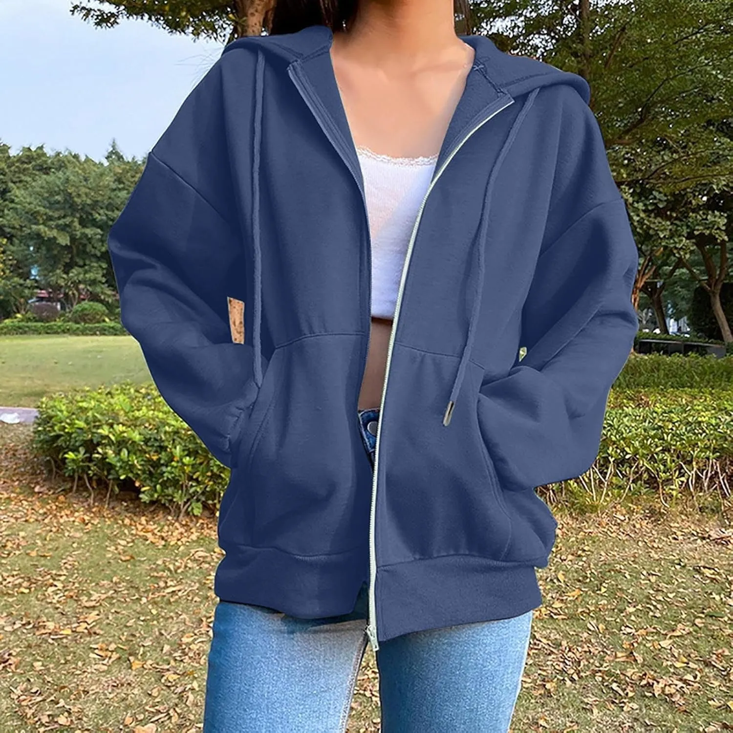 TANGNADE Women's Zip Up Hoodies Drawstring Fall Jacket Oversized Casual Sweatshirts Pullover with Pocket 2024 Winter Clothes
