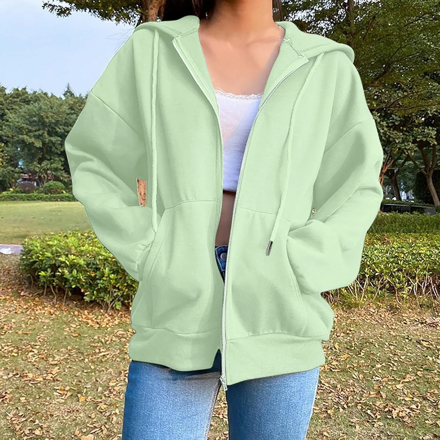TANGNADE Women's Zip Up Hoodies Drawstring Fall Jacket Oversized Casual Sweatshirts Pullover with Pocket 2024 Winter Clothes