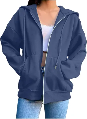 TANGNADE Women's Zip Up Hoodies Drawstring Fall Jacket Oversized Casual Sweatshirts Pullover with Pocket 2024 Winter Clothes
