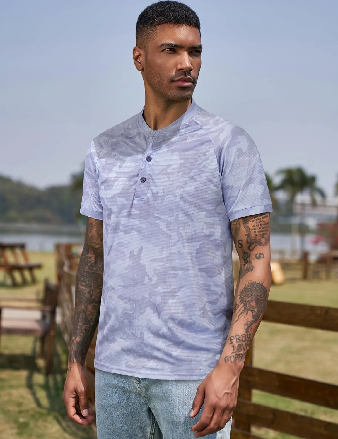 TAPULCO Mens Collarless Golf Shirts Short Sleeve Dry Fit Stretch Casual Breathable Lightweight Tshirts