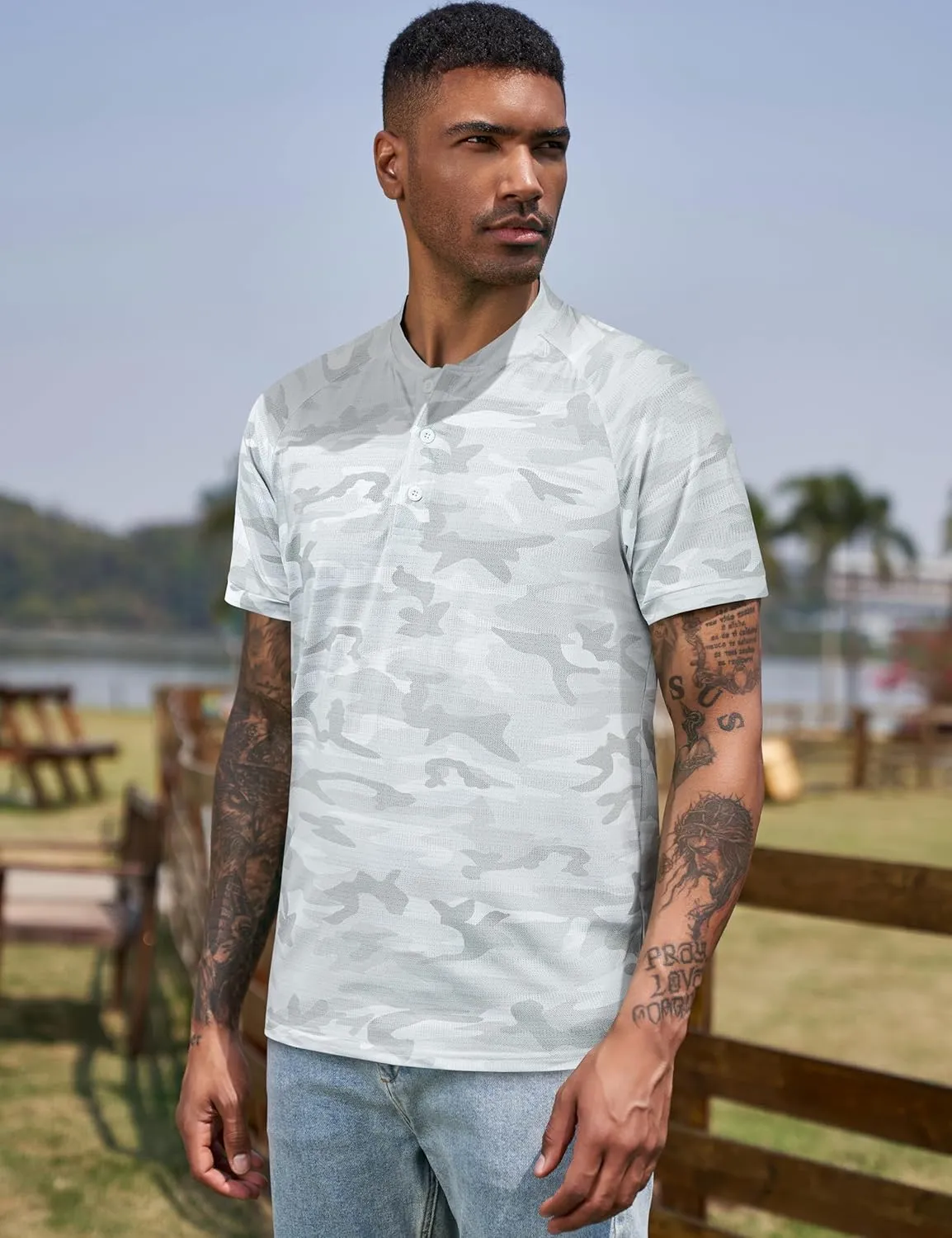 TAPULCO Mens Collarless Golf Shirts Short Sleeve Dry Fit Stretch Casual Breathable Lightweight Tshirts