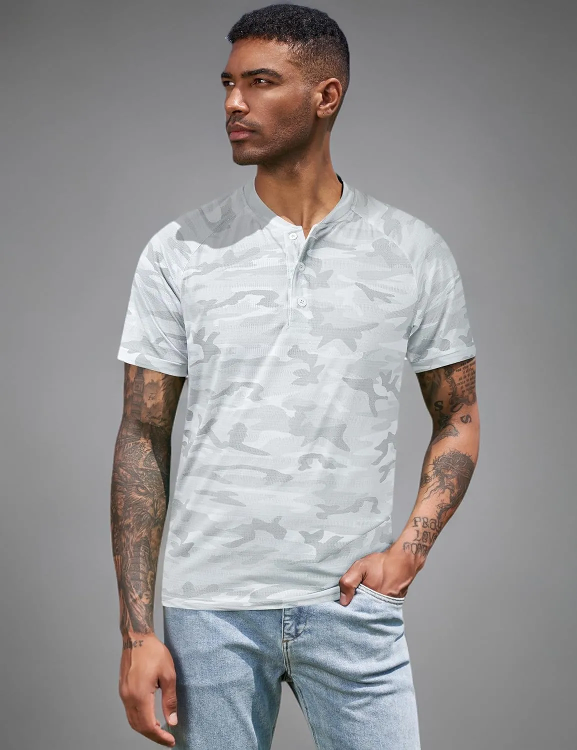 TAPULCO Mens Collarless Golf Shirts Short Sleeve Dry Fit Stretch Casual Breathable Lightweight Tshirts