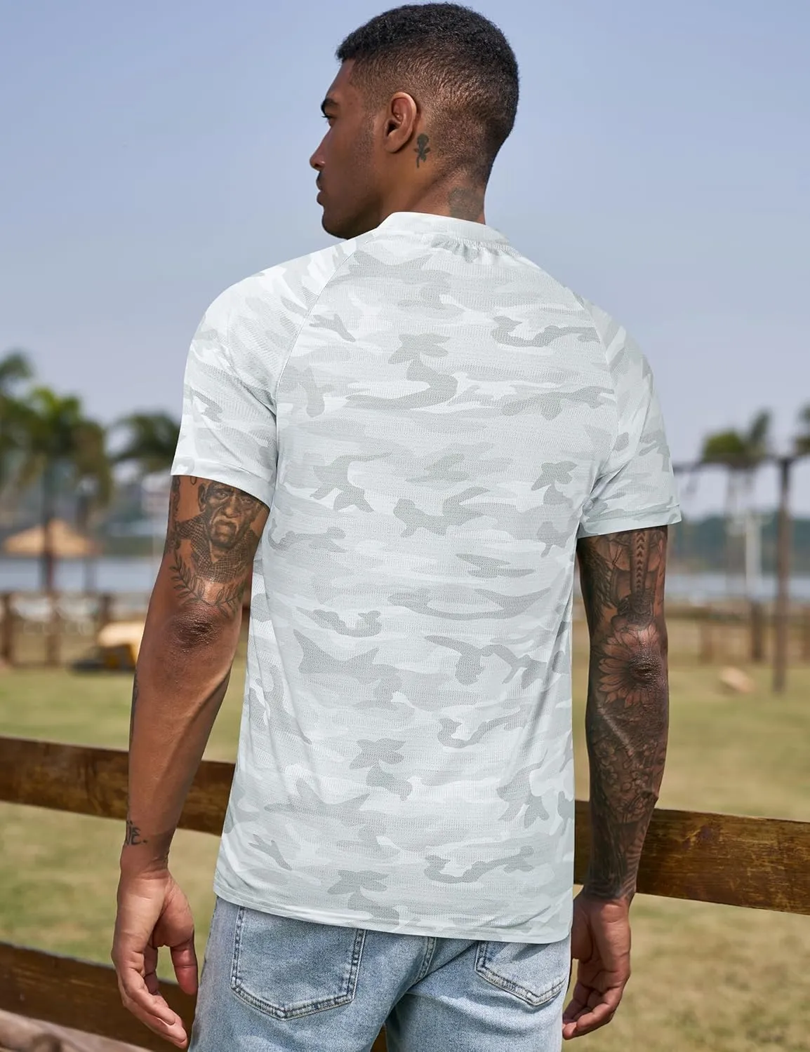 TAPULCO Mens Collarless Golf Shirts Short Sleeve Dry Fit Stretch Casual Breathable Lightweight Tshirts