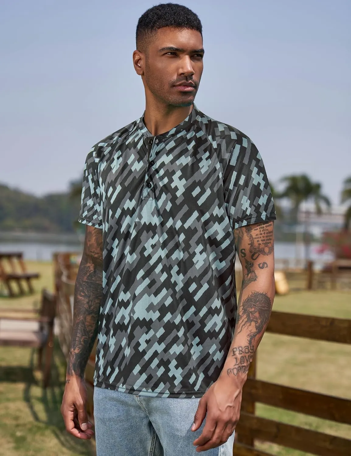 TAPULCO Mens Collarless Golf Shirts Short Sleeve Dry Fit Stretch Casual Breathable Lightweight Tshirts