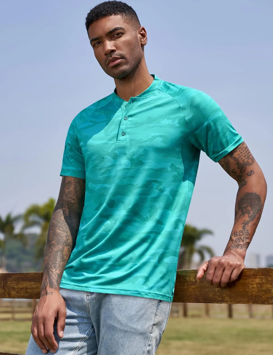 TAPULCO Mens Collarless Golf Shirts Short Sleeve Dry Fit Stretch Casual Breathable Lightweight Tshirts