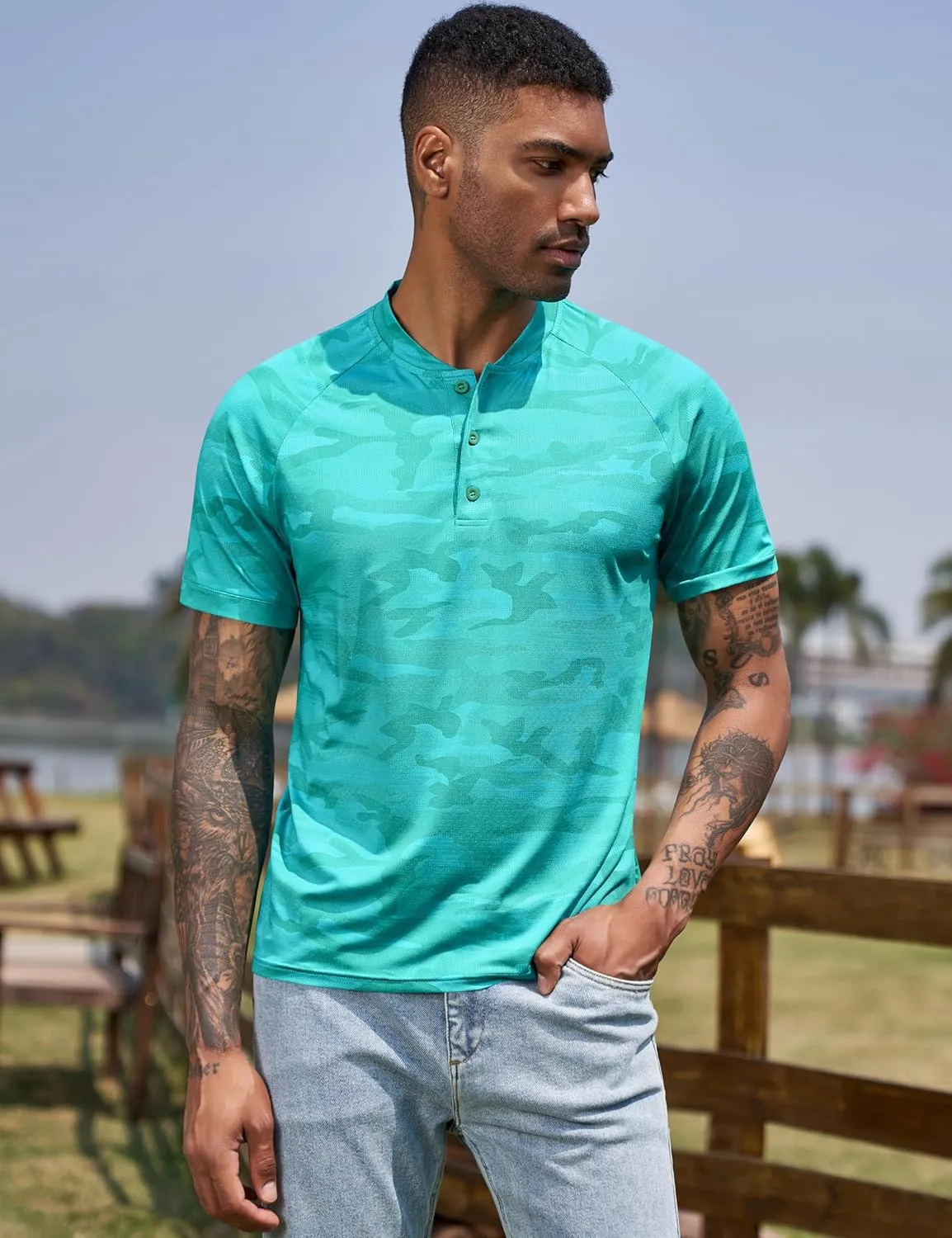 TAPULCO Mens Collarless Golf Shirts Short Sleeve Dry Fit Stretch Casual Breathable Lightweight Tshirts