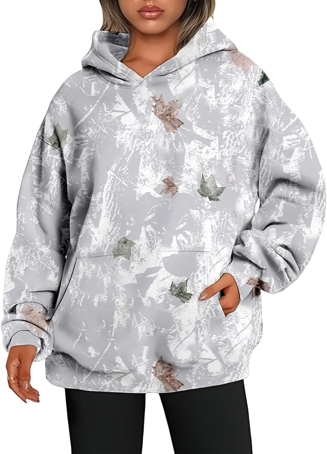 Thatrich Camo Hoodie Womens Maple Leaf Printed Sweatshirts Trendy Graphic Hoodies Lightweight Pullover Sweatshirt Spring Tops
