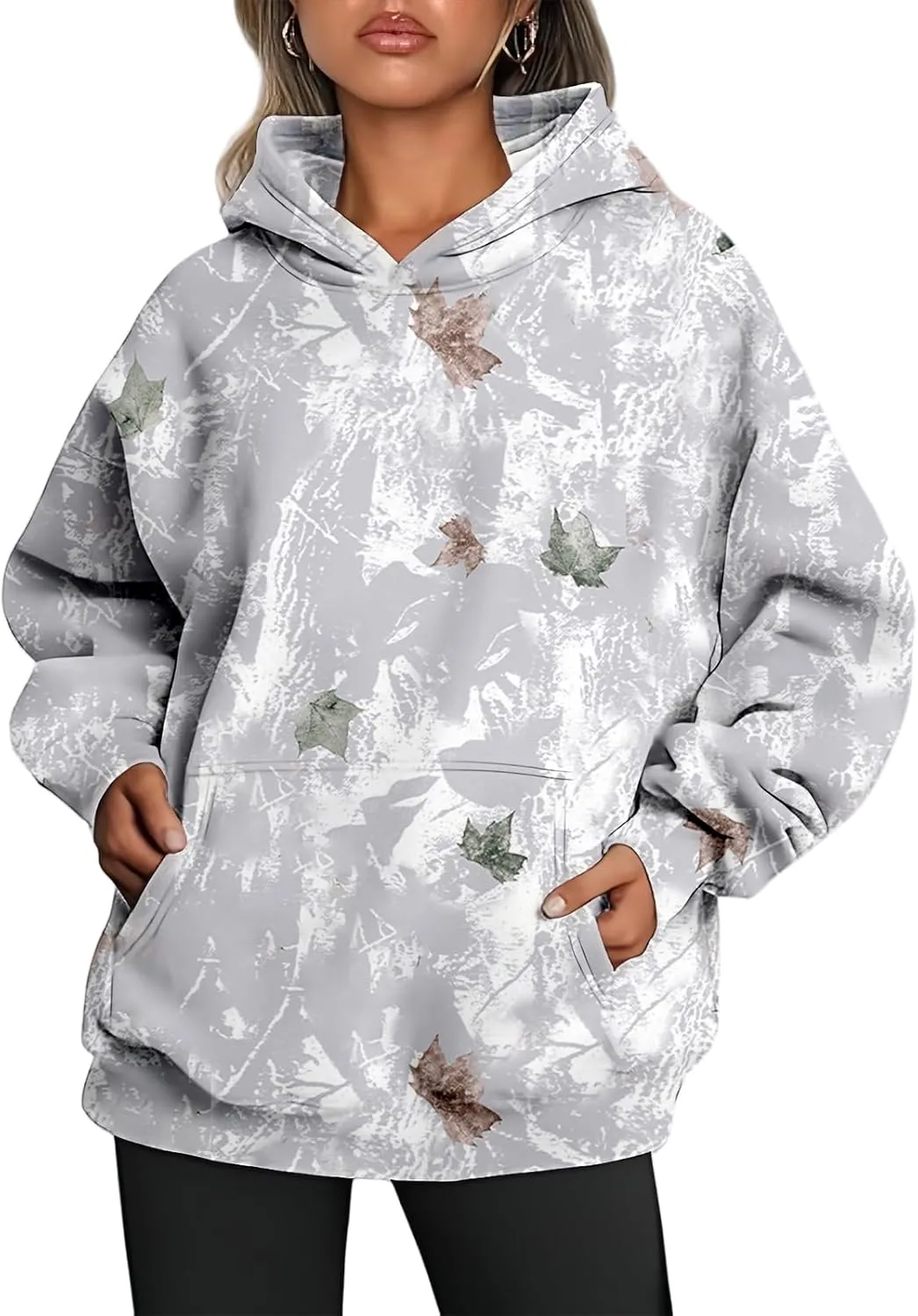 Thatrich Camo Hoodie Womens Maple Leaf Printed Sweatshirts Trendy Graphic Hoodies Lightweight Pullover Sweatshirt Spring Tops