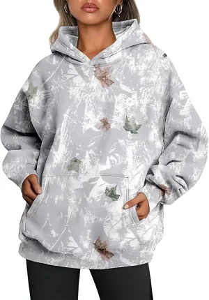 Thatrich Camo Hoodie Womens Maple Leaf Printed Sweatshirts Trendy Graphic Hoodies Lightweight Pullover Sweatshirt Spring Tops