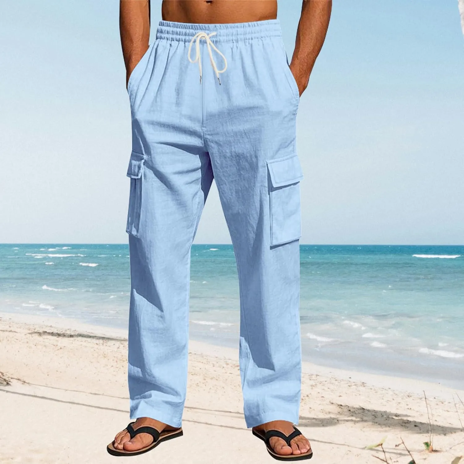 Thatrich Men's Linen Cargo Pants with Multi Pockets Breathable Lightweight Sweatpants Casual Regular Fit Trouser 2025 Fashion