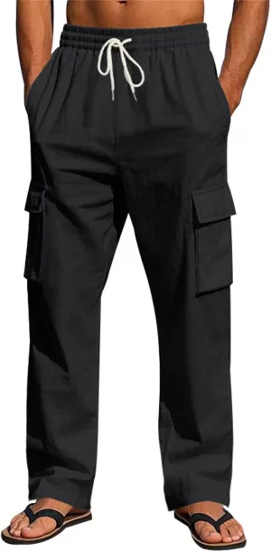 Thatrich Men's Linen Cargo Pants with Multi Pockets Breathable Lightweight Sweatpants Casual Regular Fit Trouser 2025 Fashion