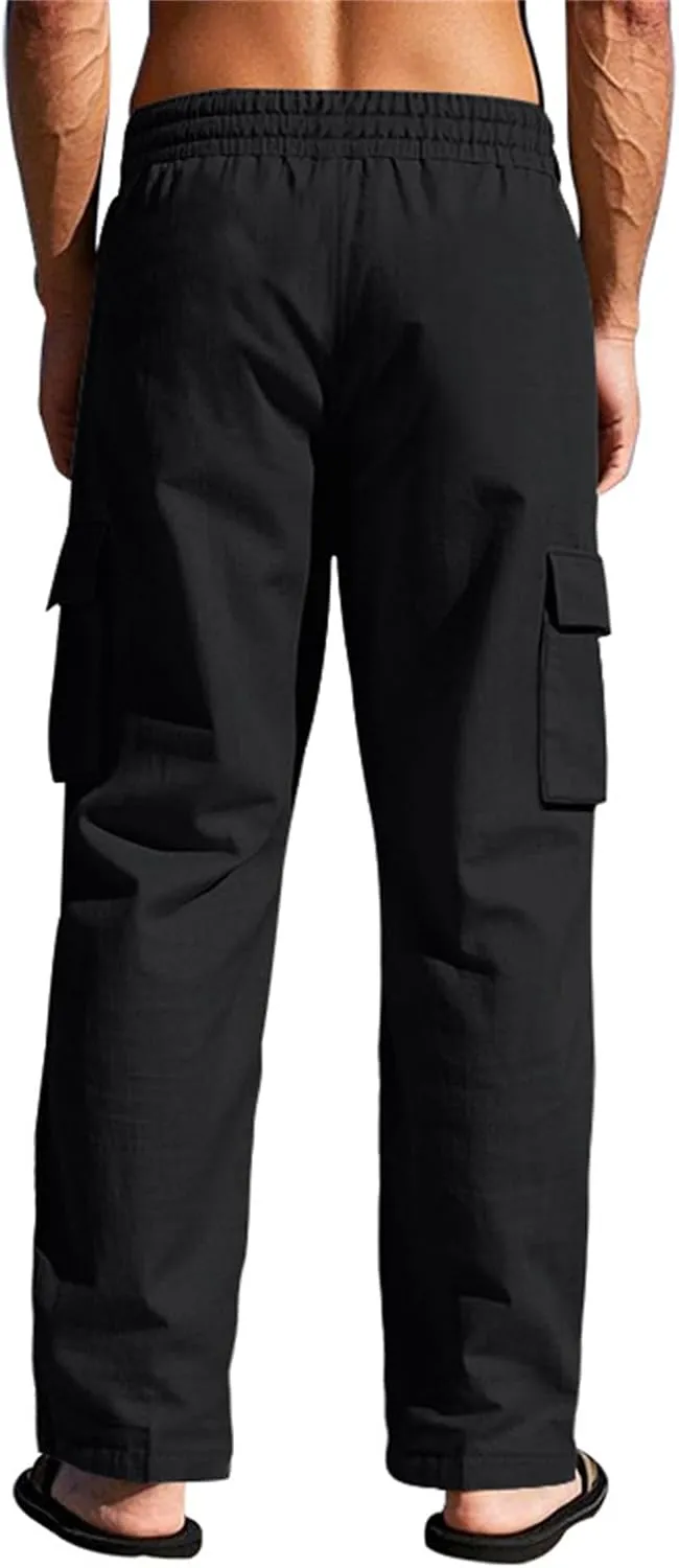 Thatrich Men's Linen Cargo Pants with Multi Pockets Breathable Lightweight Sweatpants Casual Regular Fit Trouser 2025 Fashion