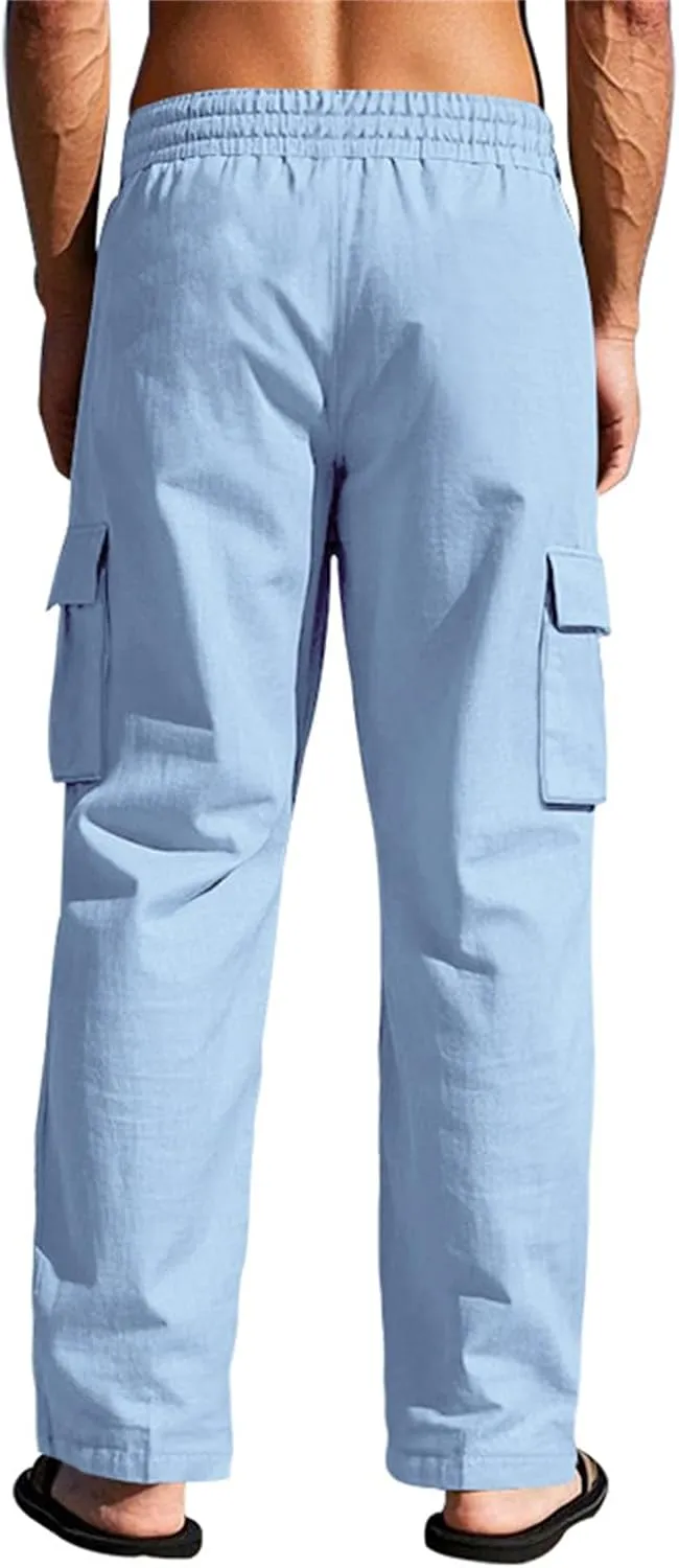 Thatrich Men's Linen Cargo Pants with Multi Pockets Breathable Lightweight Sweatpants Casual Regular Fit Trouser 2025 Fashion