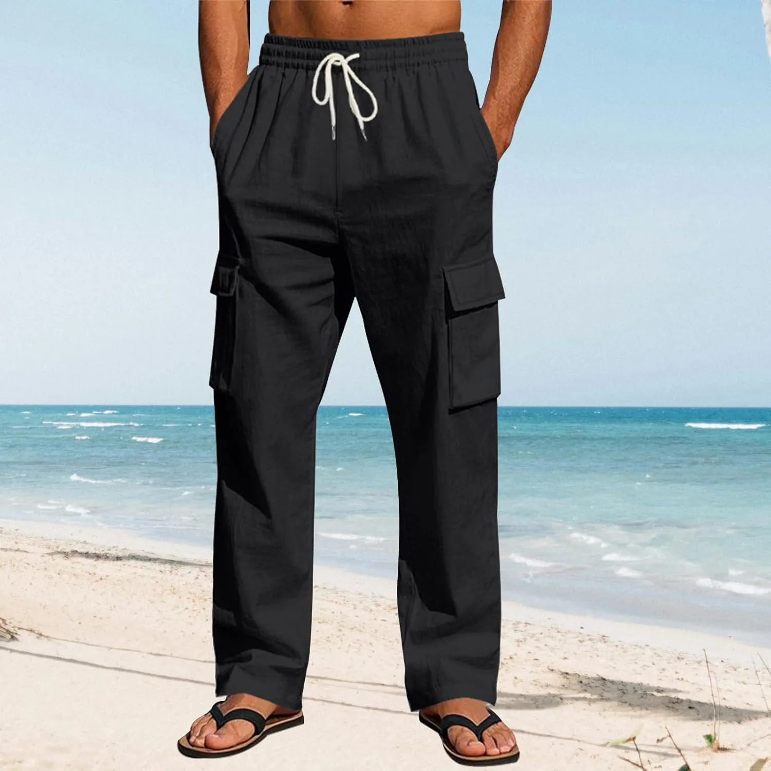 Thatrich Men's Linen Cargo Pants with Multi Pockets Breathable Lightweight Sweatpants Casual Regular Fit Trouser 2025 Fashion