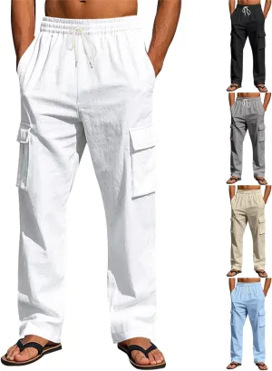 Thatrich Men's Linen Cargo Pants with Multi Pockets Breathable Lightweight Sweatpants Casual Regular Fit Trouser 2025 Fashion