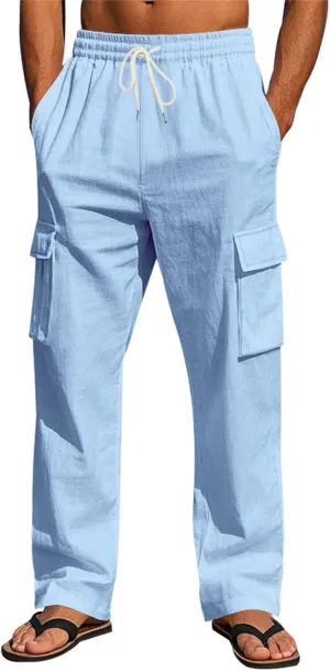 Thatrich Men's Linen Cargo Pants with Multi Pockets Breathable Lightweight Sweatpants Casual Regular Fit Trouser 2025 Fashion