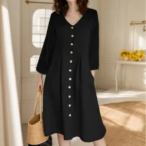 TIAFORD Women Button Down Cotton Linen Dress Casual Long Sleeve V Neck Beach Midi Dress Flowy Loose Dress 2024 with Pocket