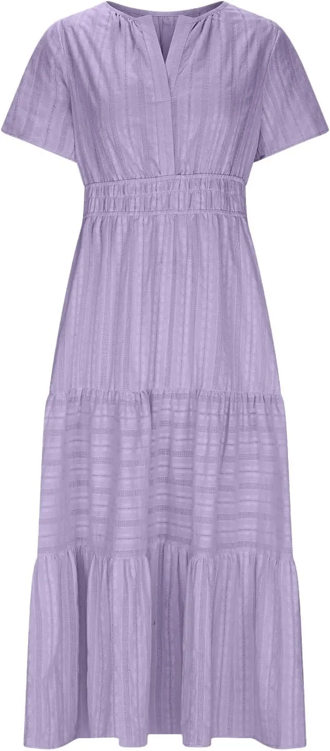 TUNUSKAT Womens Maxi Summer Dresses with Sleeve 2025 Elegant Cut V Neck Pleated Tiered Long Dress Casual Flowy Beach Sundress