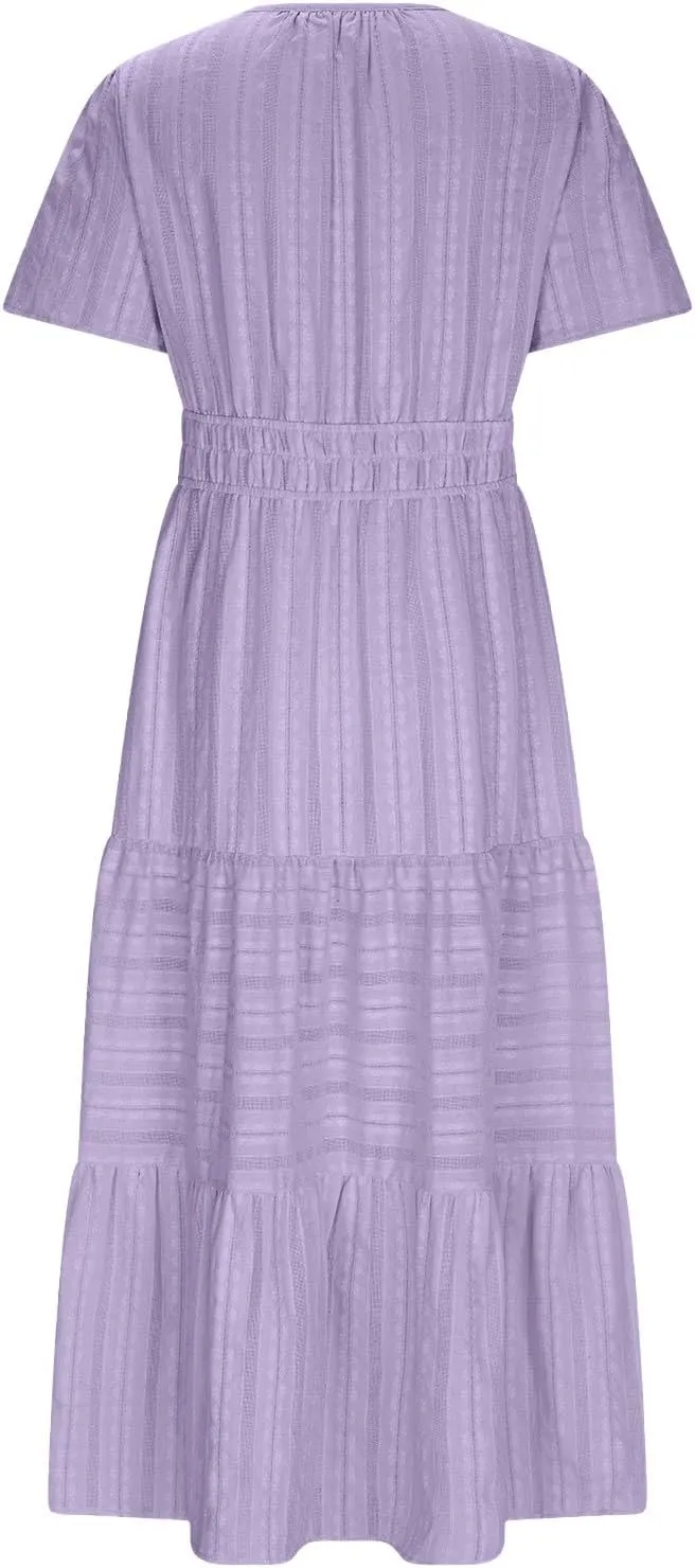 TUNUSKAT Womens Maxi Summer Dresses with Sleeve 2025 Elegant Cut V Neck Pleated Tiered Long Dress Casual Flowy Beach Sundress