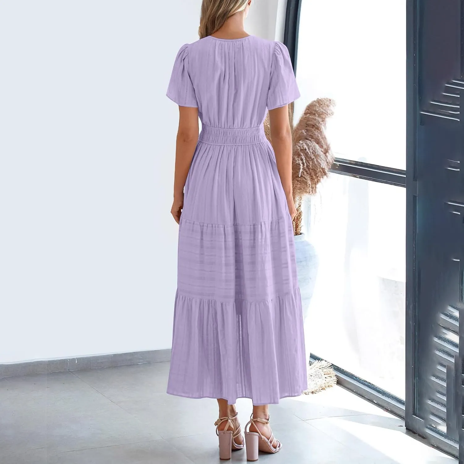 TUNUSKAT Womens Maxi Summer Dresses with Sleeve 2025 Elegant Cut V Neck Pleated Tiered Long Dress Casual Flowy Beach Sundress