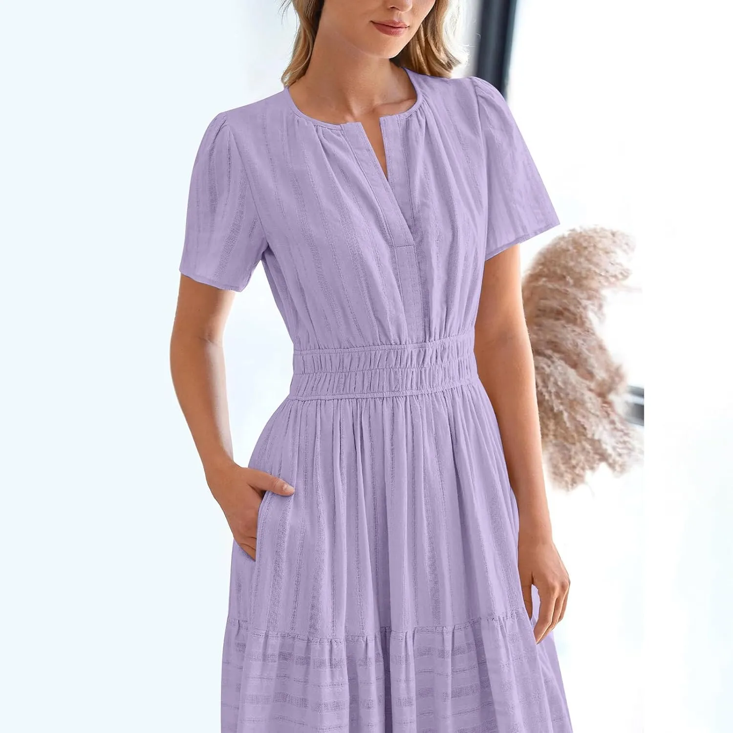 TUNUSKAT Womens Maxi Summer Dresses with Sleeve 2025 Elegant Cut V Neck Pleated Tiered Long Dress Casual Flowy Beach Sundress