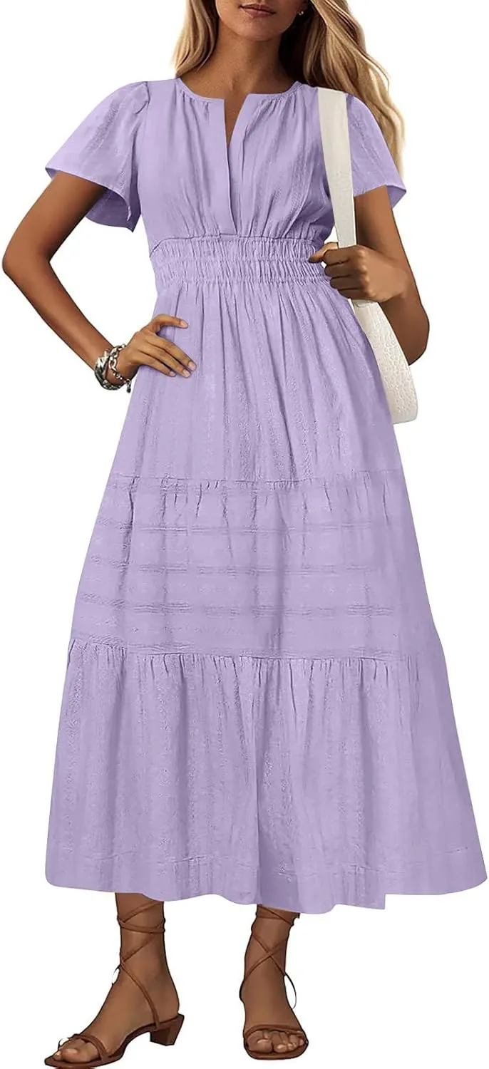 TUNUSKAT Womens Maxi Summer Dresses with Sleeve 2025 Elegant Cut V Neck Pleated Tiered Long Dress Casual Flowy Beach Sundress