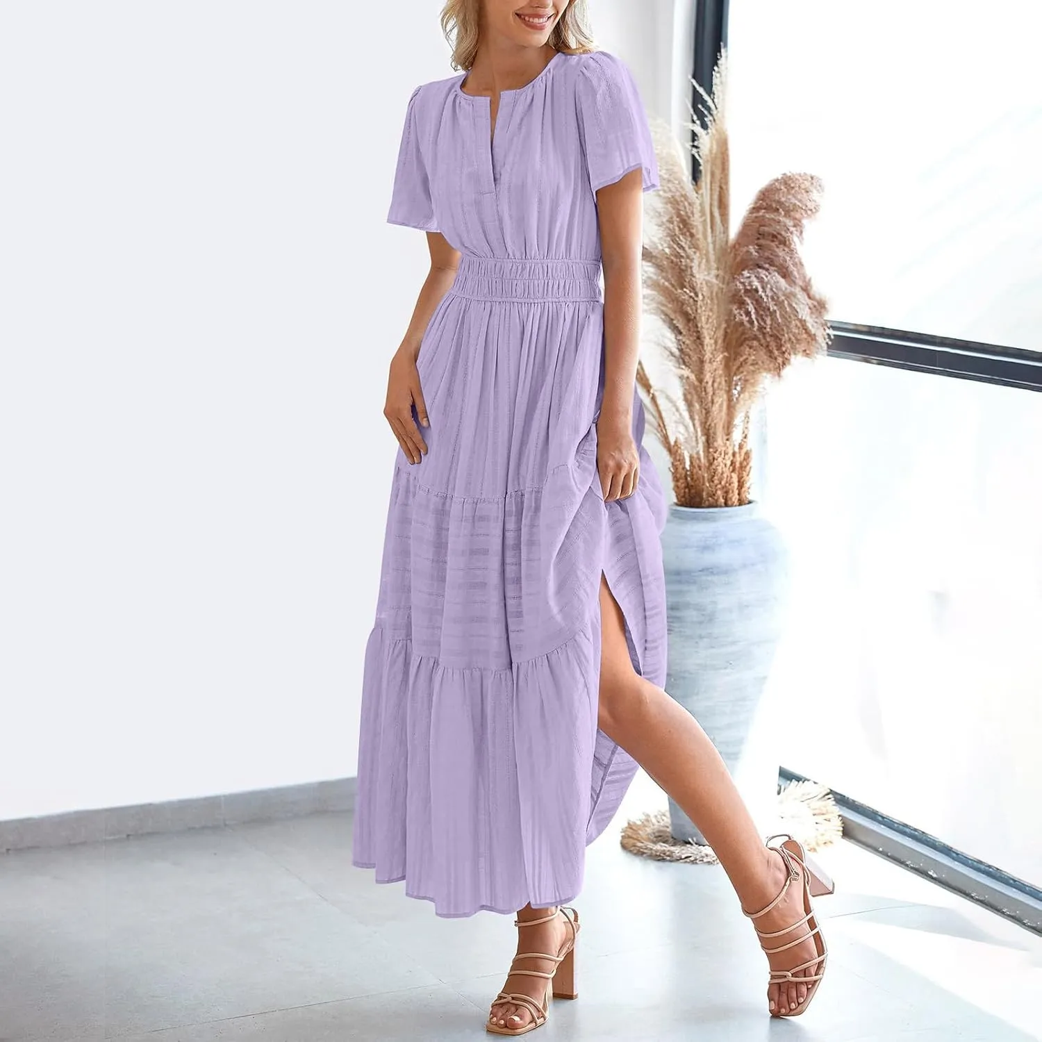 TUNUSKAT Womens Maxi Summer Dresses with Sleeve 2025 Elegant Cut V Neck Pleated Tiered Long Dress Casual Flowy Beach Sundress