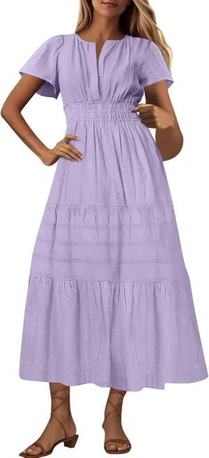 TUNUSKAT Womens Maxi Summer Dresses with Sleeve 2025 Elegant Cut V Neck Pleated Tiered Long Dress Casual Flowy Beach Sundress