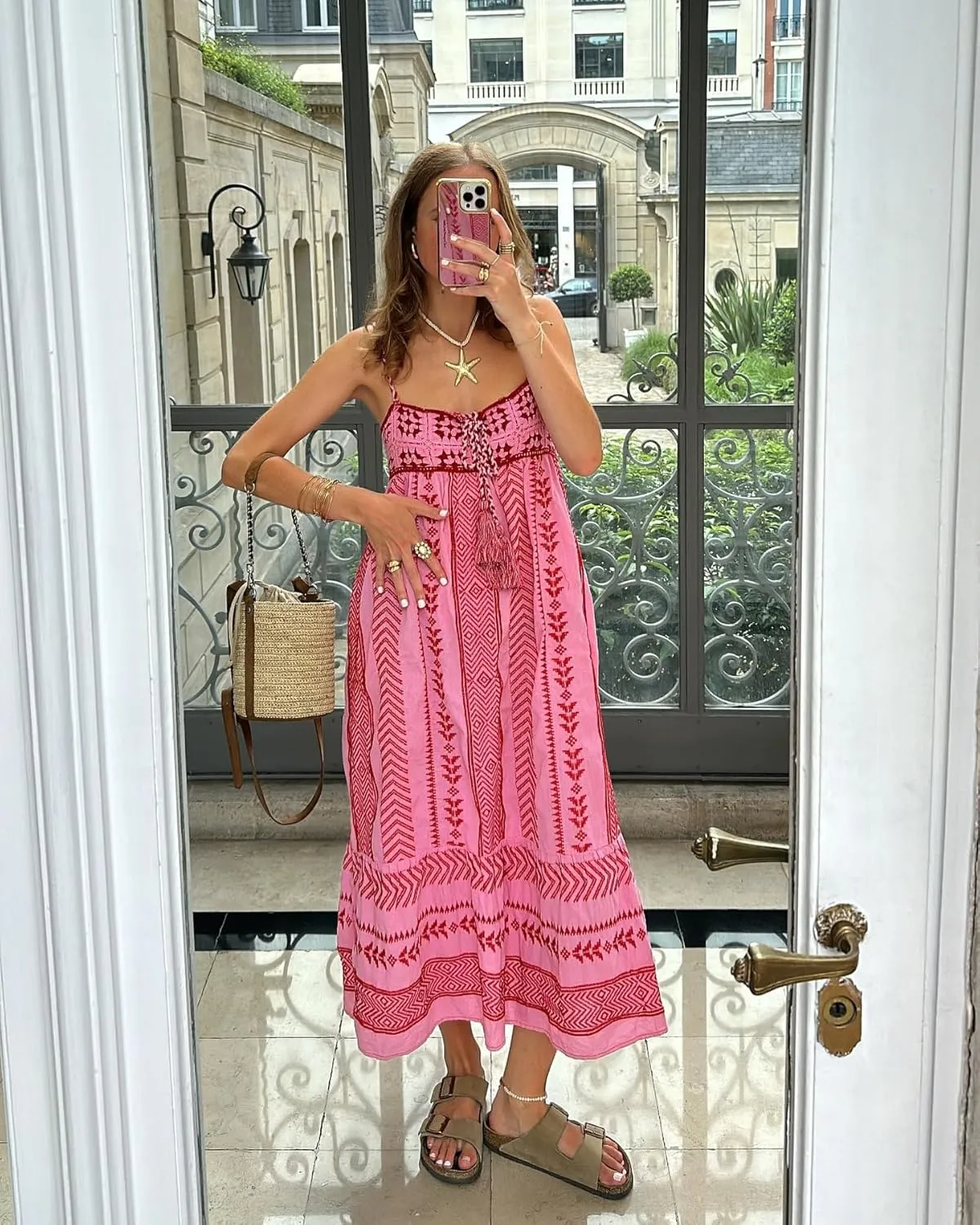 UAURORAO Women Tie Front Floral Summer Dress Sleeveless V Neck Smocked Maxi Dress Cut Out Boho Flowy Long Sundress