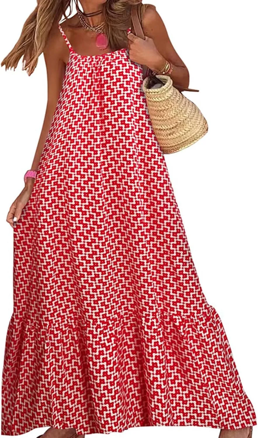 uSecee Boho Dresses for Women 2024 Casual Loose Bohemian Floral Dress Summer Beach Dress A Line Swing Flowy Long Maxi Dress