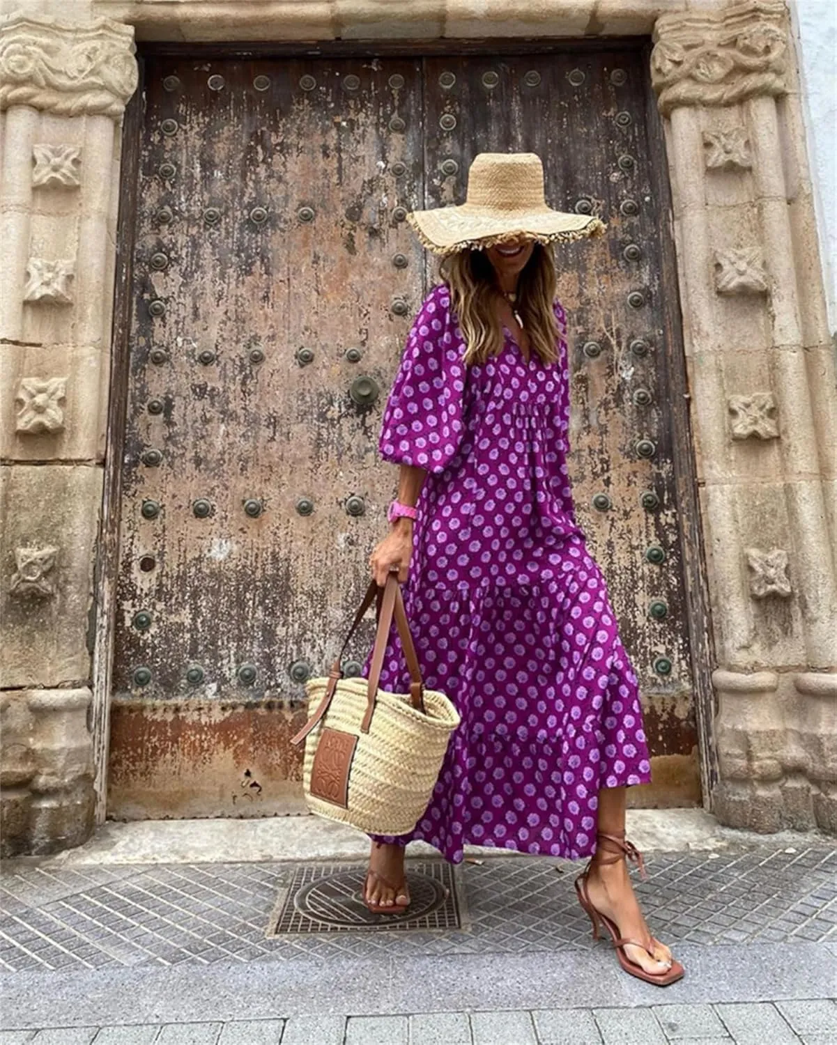 uSecee Boho Dresses for Women 2024 Casual Loose Bohemian Floral Dress Summer Beach Dress A Line Swing Flowy Long Maxi Dress