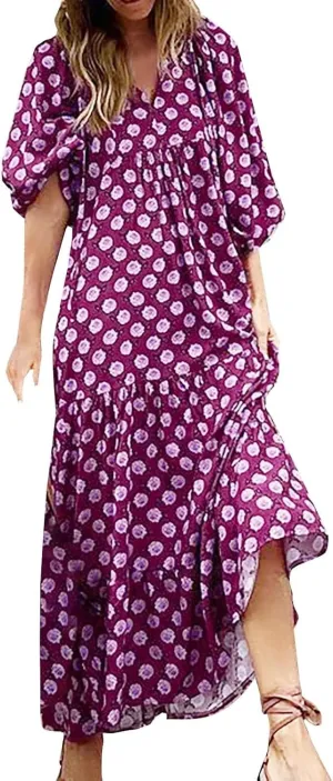 uSecee Boho Dresses for Women 2024 Casual Loose Bohemian Floral Dress Summer Beach Dress A Line Swing Flowy Long Maxi Dress