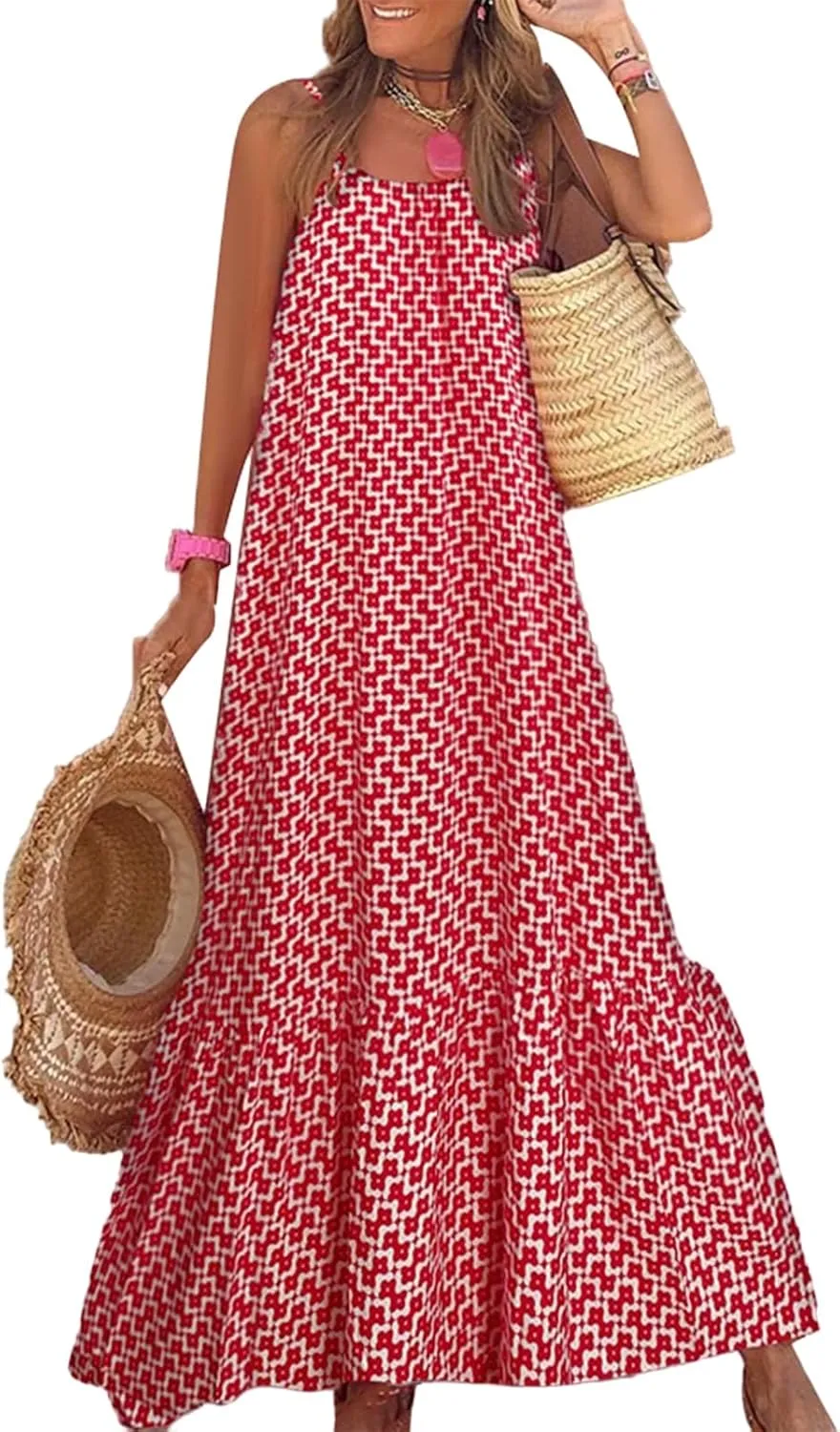 uSecee Boho Dresses for Women 2024 Casual Loose Bohemian Floral Dress Summer Beach Dress A Line Swing Flowy Long Maxi Dress