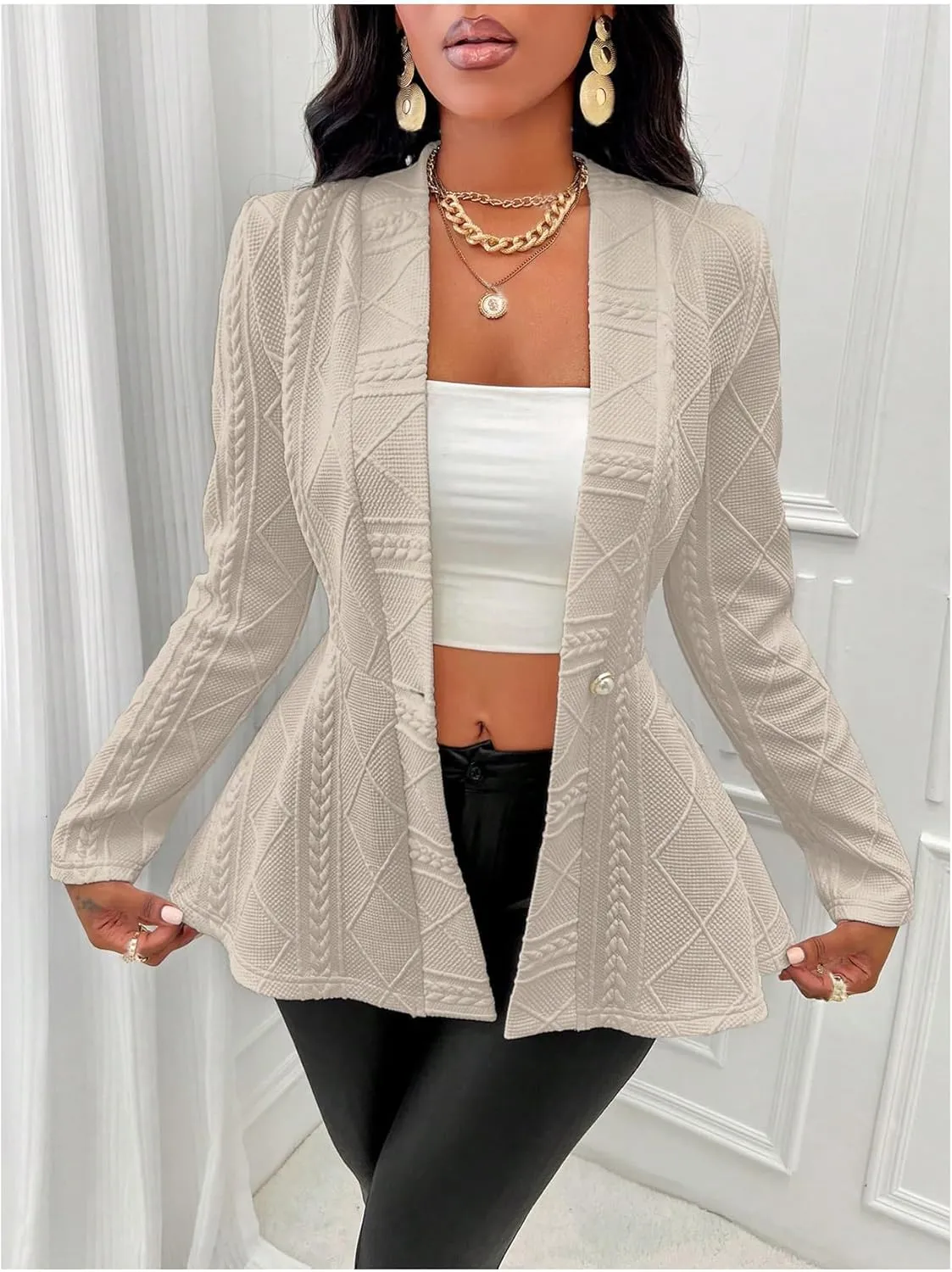 utcoco Women's 2025 Textured Peplum Blazers Business Casual Single Button Shawl Collar Long Sleeve Blazer Jacket