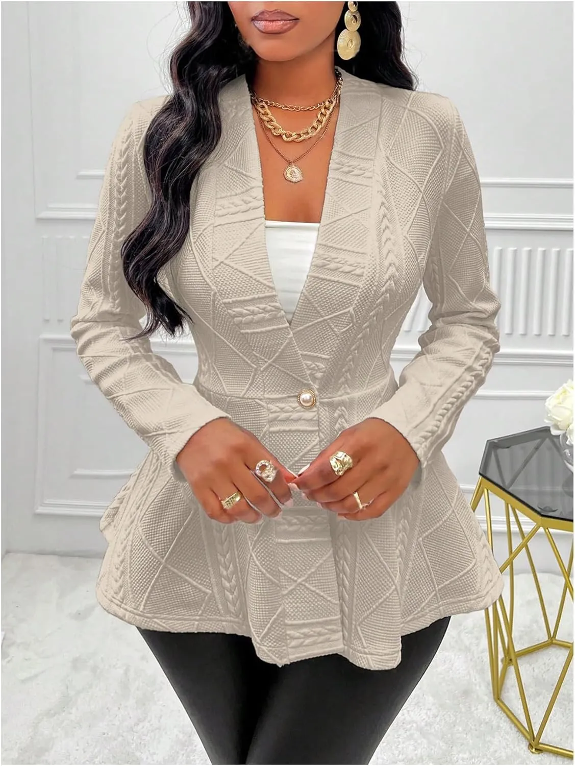 utcoco Women's 2025 Textured Peplum Blazers Business Casual Single Button Shawl Collar Long Sleeve Blazer Jacket